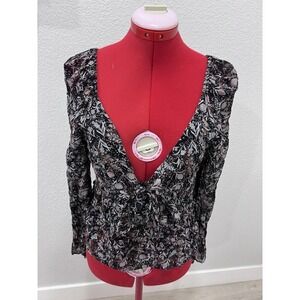 Floral Print Blouse Long‎ Sleeve Deep V Neck Sheer Peasant Top